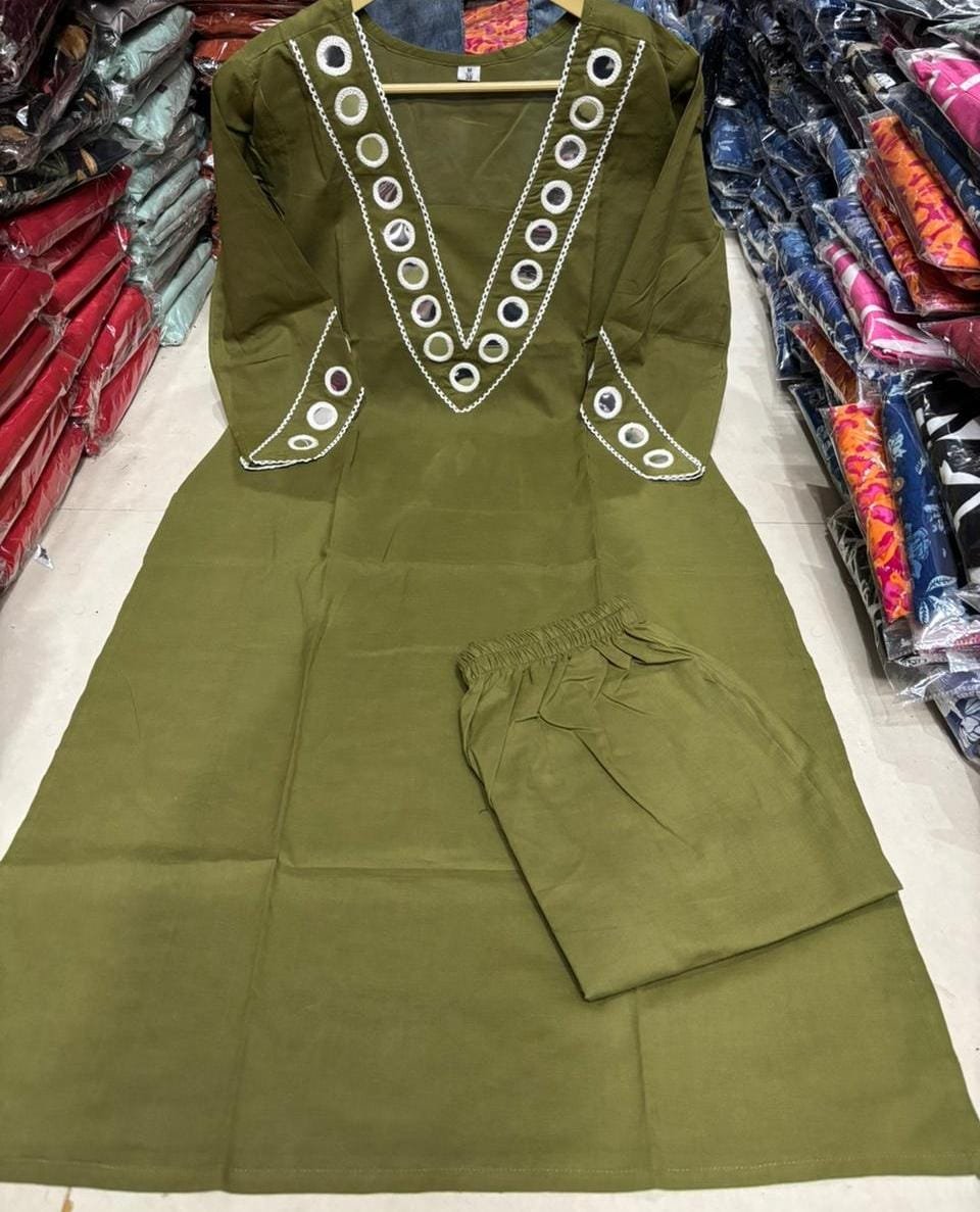 Green Cotton Kurti Pant Set with Mirror Embroidery